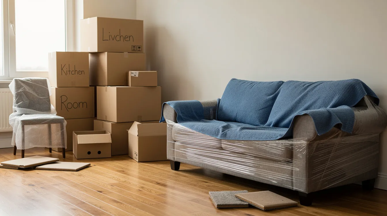 The image shows stacked moving boxes alongside furniture carefully wrapped in protective materials, illustrating a typical scene of an interstate move. This setup highlights the importance of professional packing and removalist services for a stress-free moving experience.