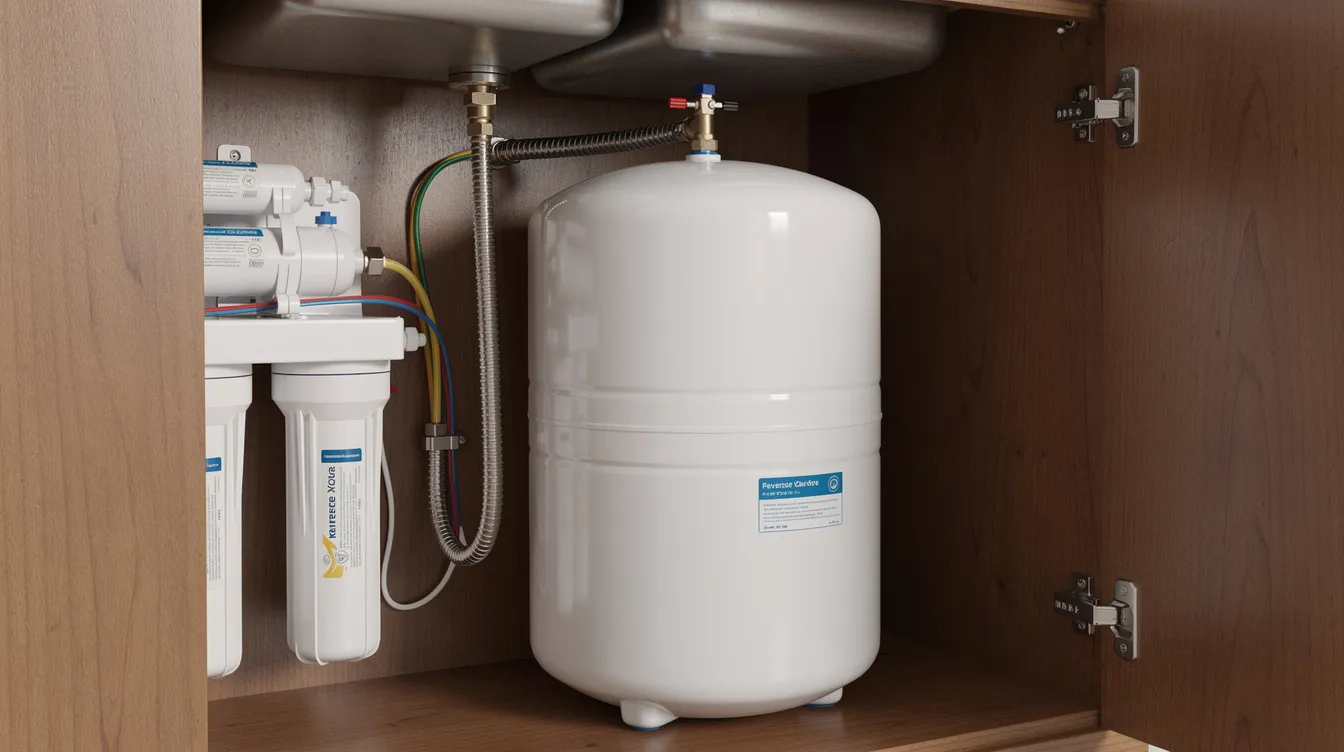 The image shows an installed reverse osmosis storage tank, designed for storing fresh filtered water. It features a pre-pressurized air chamber and is connected to a water filtration system, ensuring high water quality and efficient flow rate for residential use.