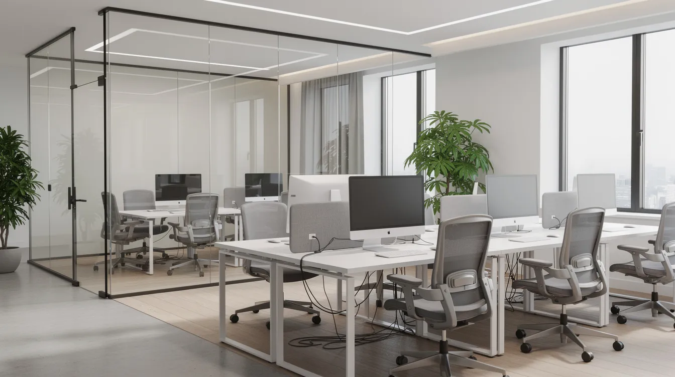 The image features a modern office space characterized by sleek glass partitions and well-organized workstations, creating a professional environment. This clean and tidy setting highlights the importance of thorough cleaning services for maintaining a healthy indoor air quality and a productive workspace.