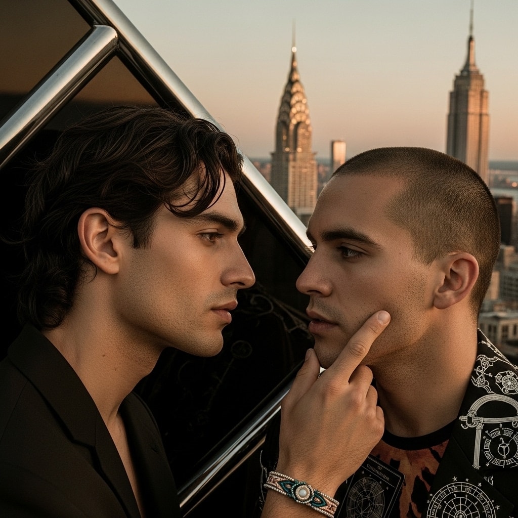 A gay couple in New York City having an evening conversation on a rooftop, overlooking the city skyline. They talk about sex on their date night, asking the right questions.