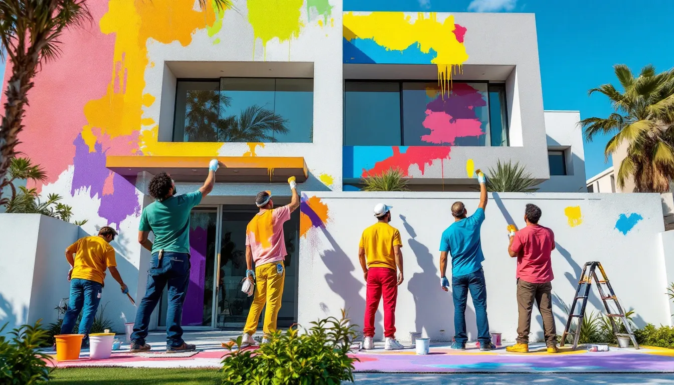 A team of professional painters adhering to high standards while painting a residential home.