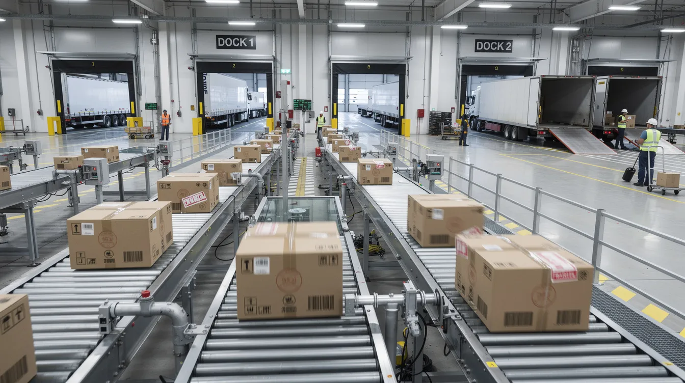 La imagen muestra un almacén muy ajetreado en el que los paquetes se transportan por cintas transportadoras hacia los camiones de reparto, lo que ilustra la eficiencia operativa del proceso logístico. Esta escena pone de relieve la importancia de contar con una cadena de suministro bien organizada para satisfacer las expectativas de los clientes y mejorar su experiencia global.