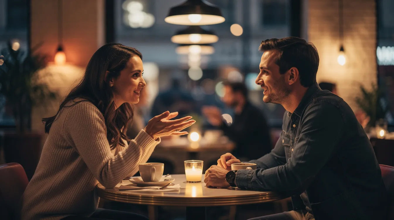 A couple sits across from each other at a cozy restaurant, engaged in a deep conversation about their past relationships and future goals, showcasing their mutual understanding and emotional availability. Their body language reflects a commitment to building a meaningful relationship, as they navigate the dating world with open communication and a focus on their core values.