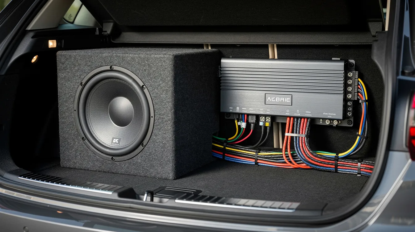 The image shows a car audio amplifier securely mounted in a vehicle trunk alongside a subwoofer box and various wiring. This setup is designed to enhance sound quality by reproducing deep bass tones and low frequency sounds, making it ideal for audio enthusiasts seeking a powerful listening experience.