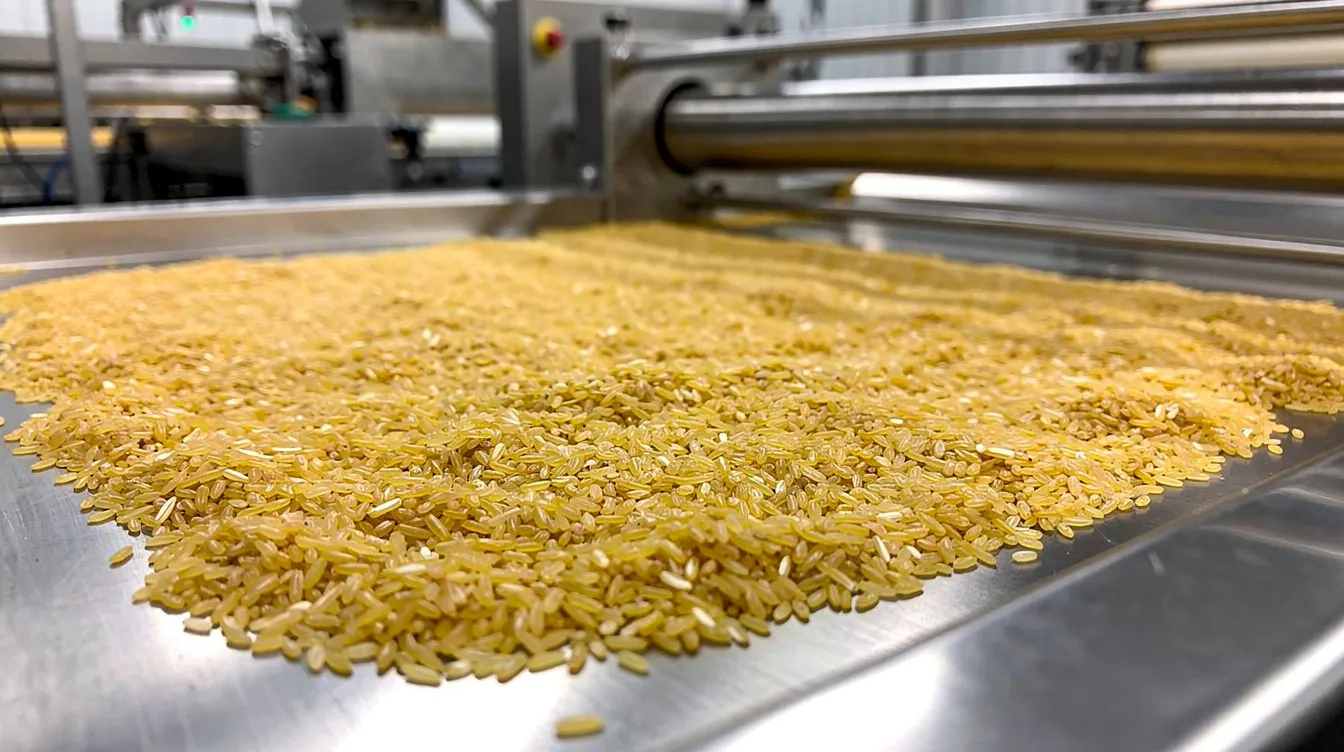 0ace4a65 a44f 4a1d adc8 e7c6226d91bc The image shows golden flattened rice flakes, known as poha, spread out on a stainless steel surface within a food processing facility, highlighting the raw material used in poha manufacturing. This scene illustrates the initial stage of the manufacturing process in a poha processing plant, showcasing the quality and texture of the rice flakes.