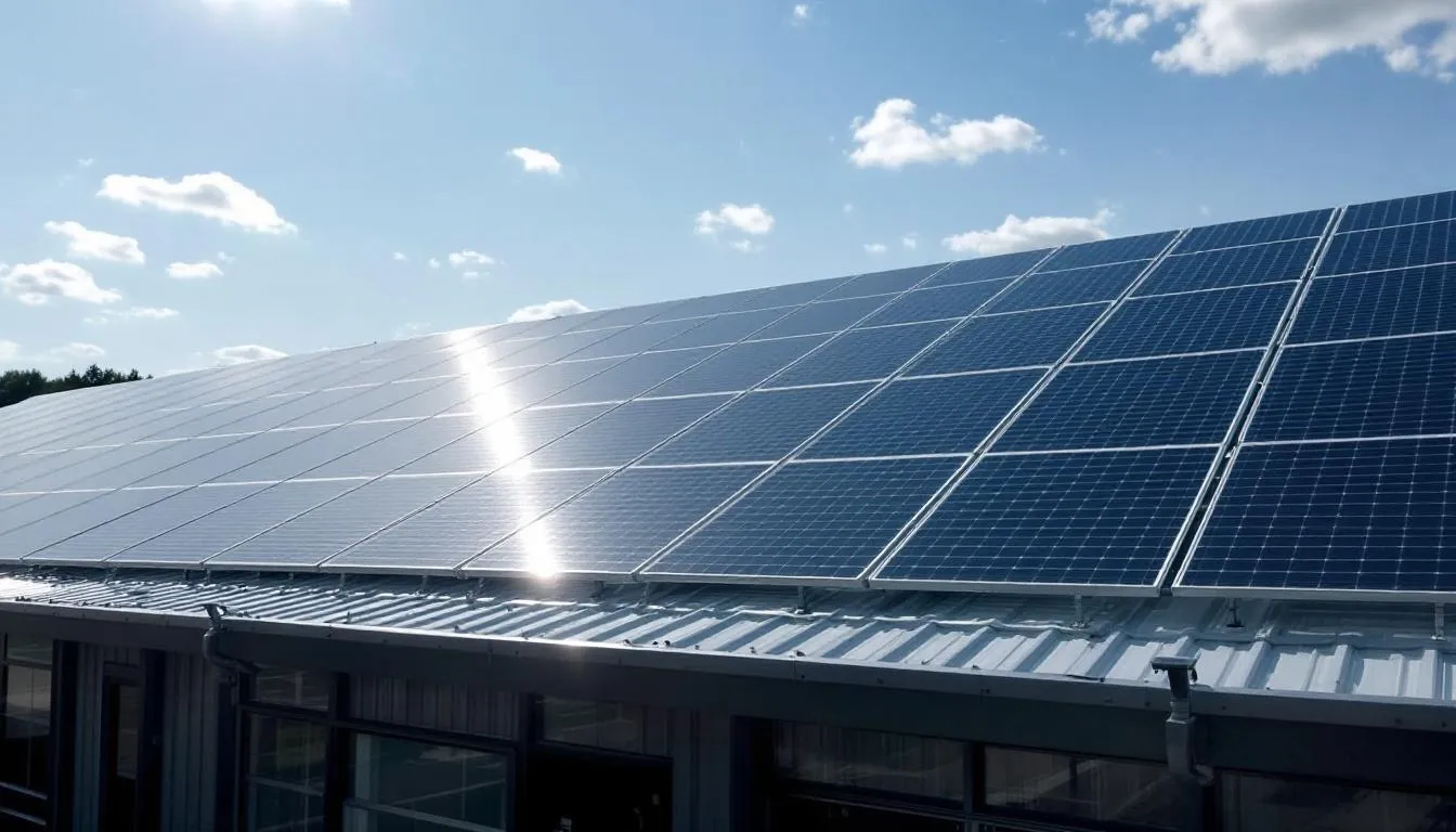 Auf dem Bild ist eine große Solaranlage auf einem Gewerbedach in der Schweiz zu sehen. Die Photovoltaikanlage nutzt erneuerbare Energien zur Stromerzeugung und trägt zur Reduktion von CO2-Emissionen bei, während sie von verschiedenen Förderprogrammen und einmalvergütungen profitiert.