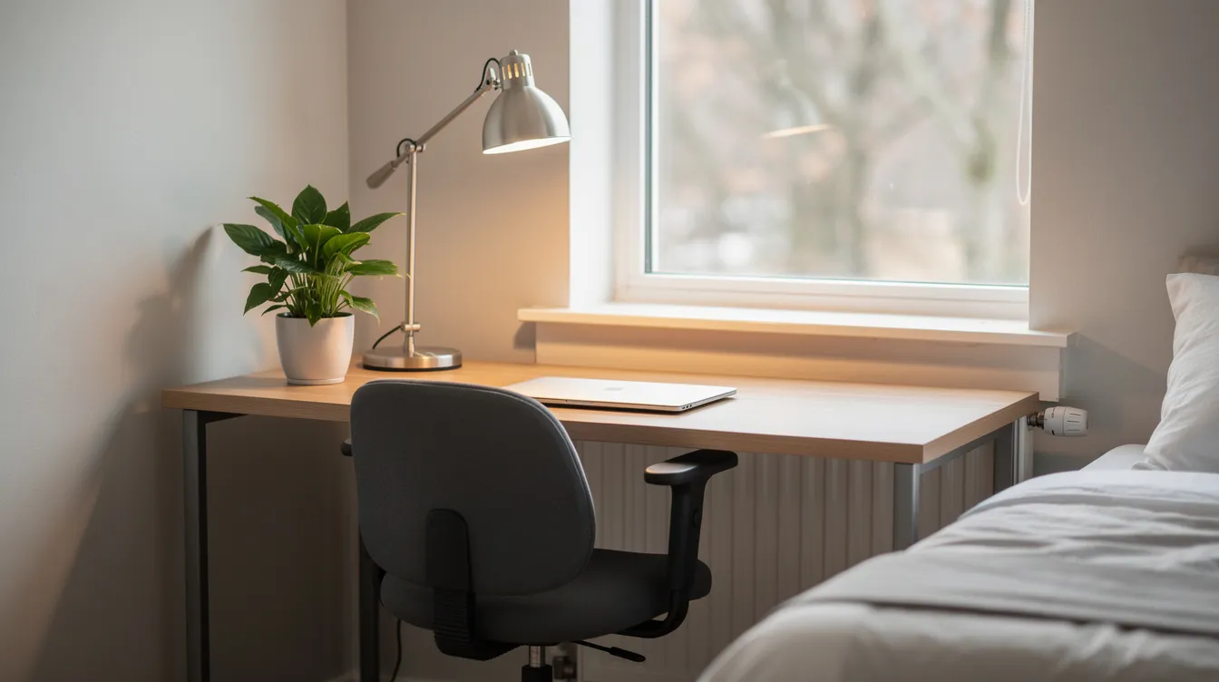 A clean and organized study desk is positioned near a window, featuring a green plant, a lamp, and a closed laptop, creating a focused environment ideal for enhancing cognitive abilities and academic performance. This serene space encourages motivation and reduces distractions, making it perfect for beginning work sessions and completing everyday tasks.