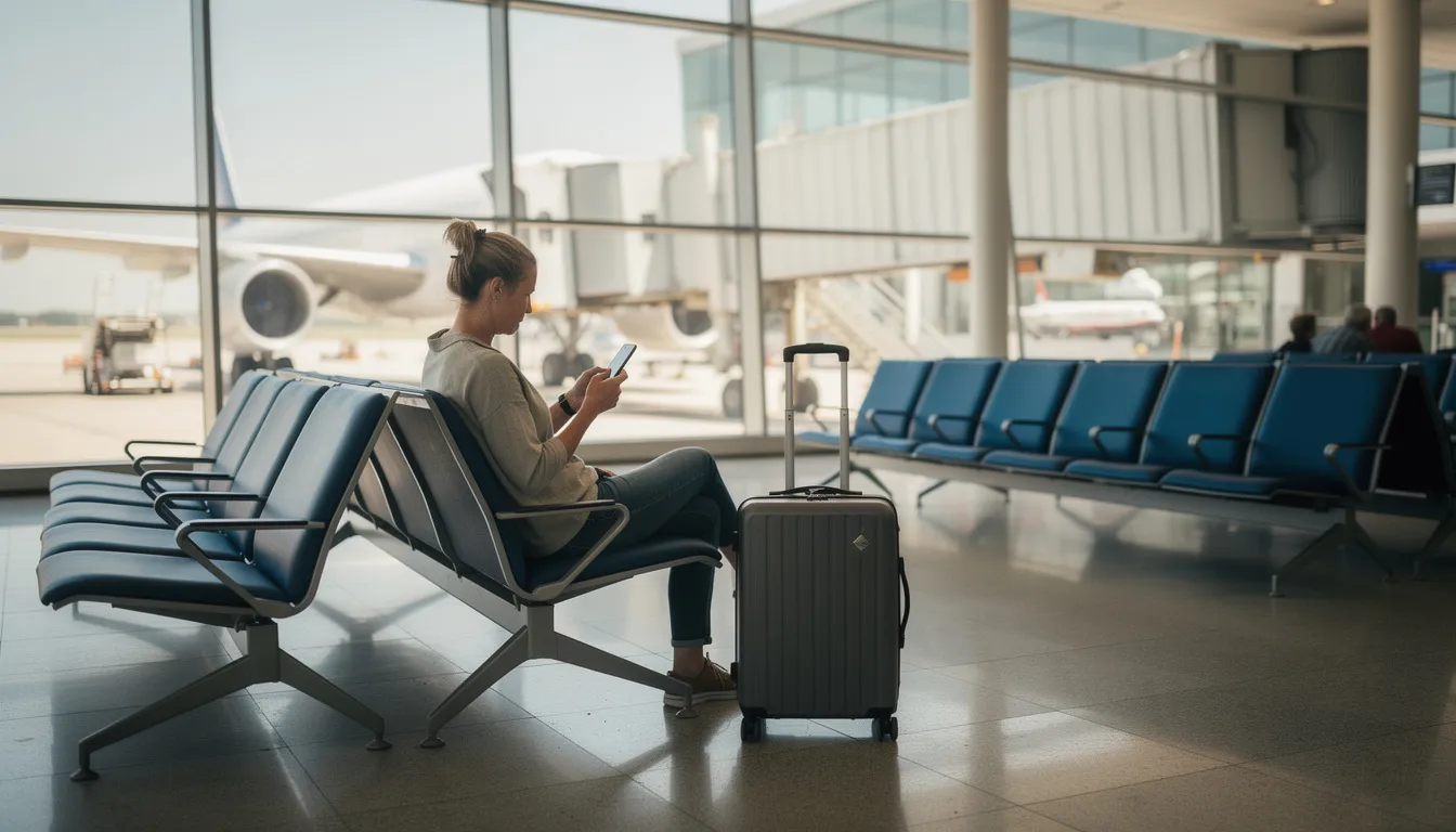 A traveler is sitting at an airport departure gate, engrossed in their smartphone while a carry-on luggage rests beside them. This scene captures the essence of modern travel, where managing login credentials and ensuring online security with a reliable password manager is essential.