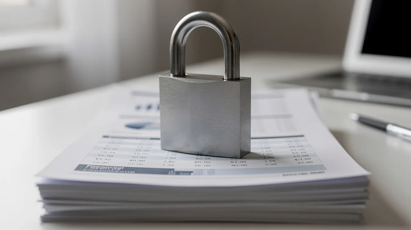 A small padlock sits atop a stack of paper documents, representing financial security and the importance of protecting personal information when applying for loans. This image emphasizes the need for careful management of financial documents, especially in the context of private loans and credit reports.
