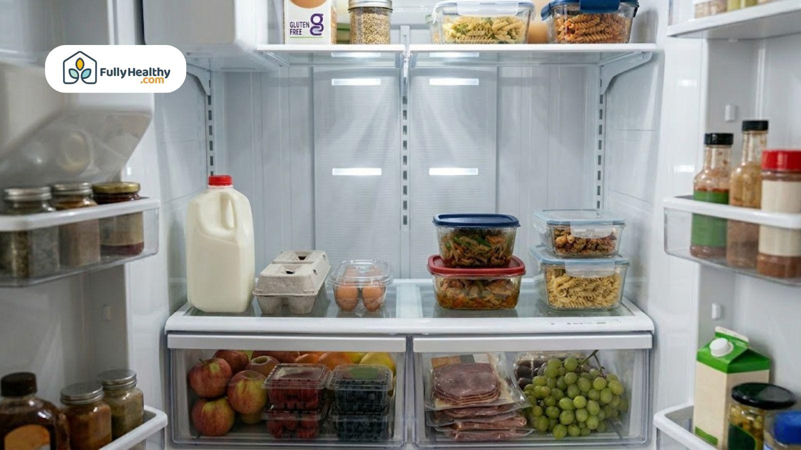 Open refrigerator stocked with fresh foods, containers, dairy, and everyday groceries.