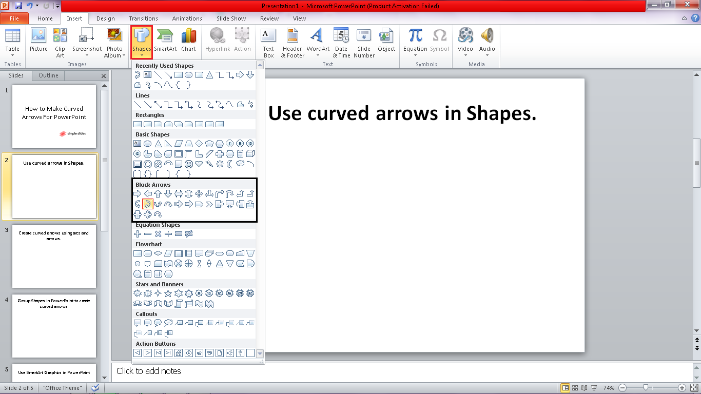 In the "Shape" drop-down menu, select the "block arrows" and choose a particular curved arrow for your PPT.