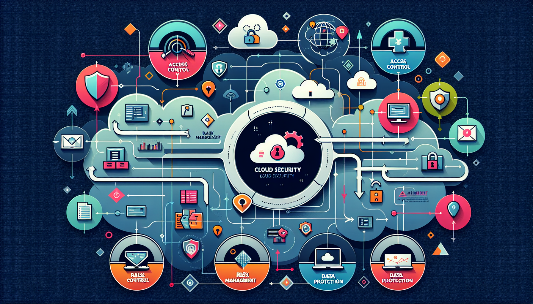 An illustration of the key components of a cloud computing security policy, including access control and risk management.