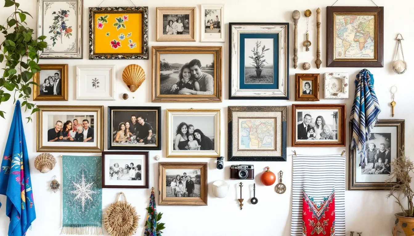 A themed gallery wall featuring family photos and decorative elements.