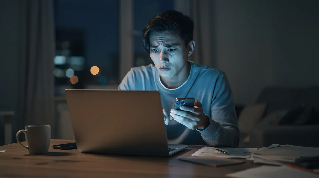 Na obrazku widzimy osobę z niepokojem patrzącą na ekran laptopa, trzymającą telefon w ręku. Wygląda na to, że padła ofiarą oszustwa internetowego, co może wiązać się z zagrożeniem dla jej konta bankowego i poufnych danych.