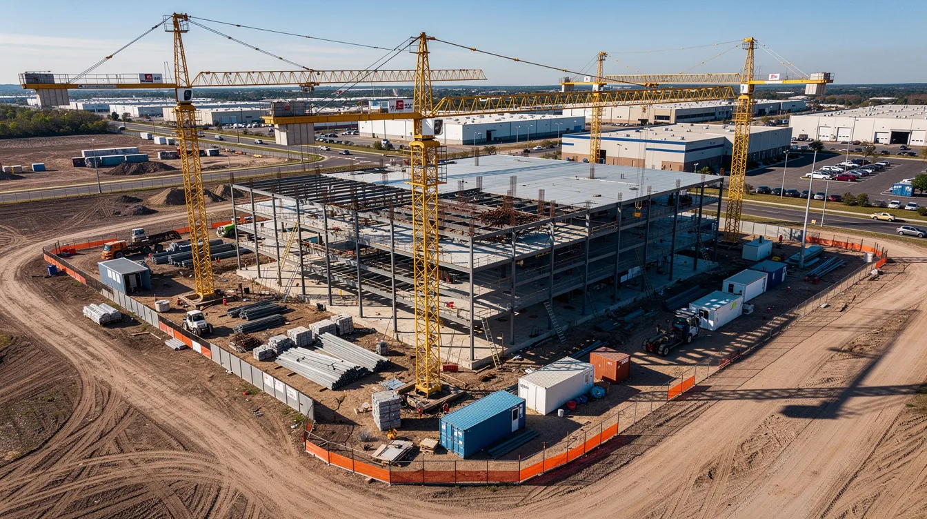 An aerial view showcases a large commercial construction site in Nashville, featuring cranes and steel framing emerging from a cleared industrial lot, highlighting the region's investment in infrastructure and the growth of the construction industry. This scene reflects the competitive advantage of Middle Tennessee's booming market and the commitment to future development.