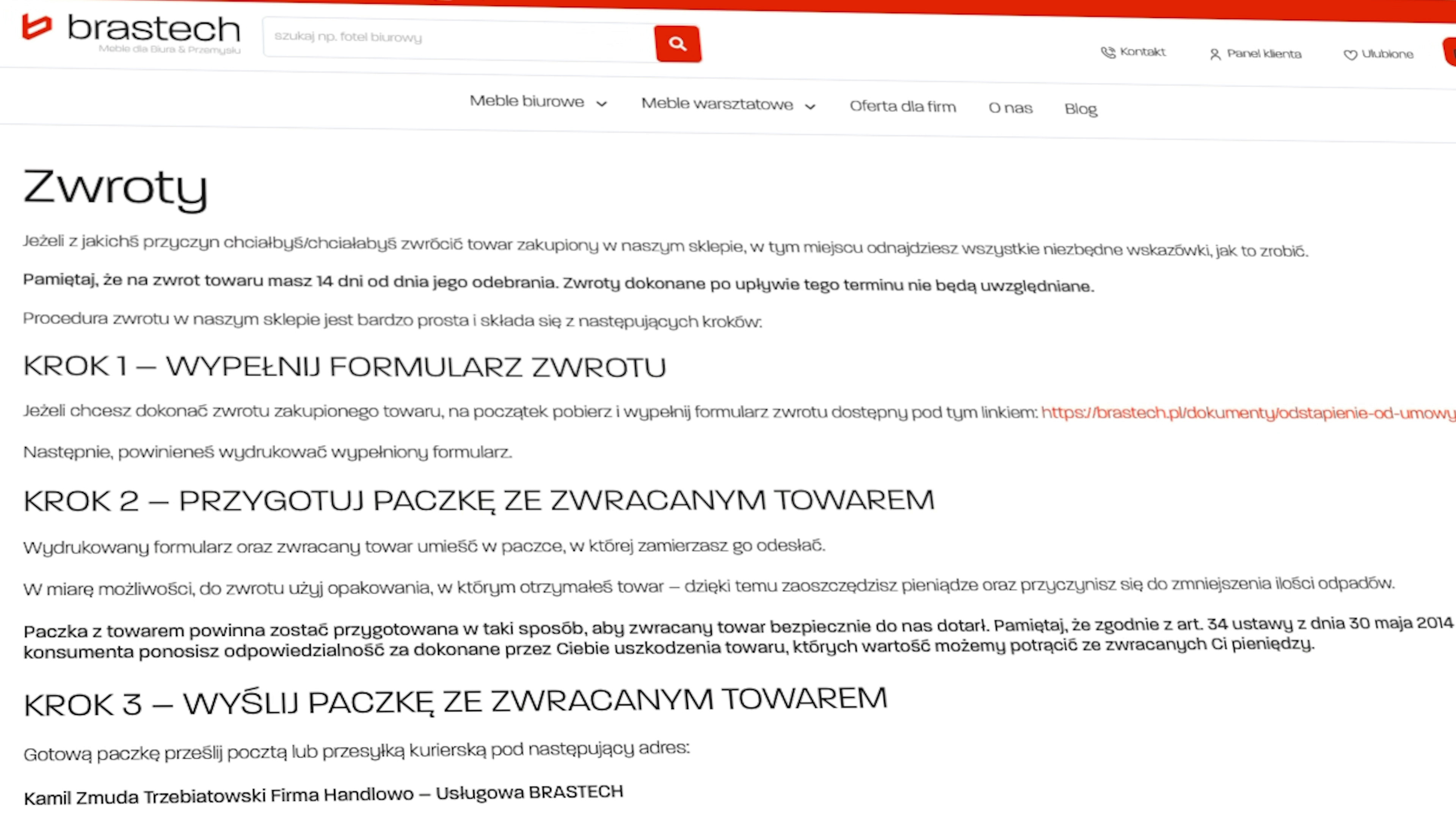 Czy warto kupić używany fotel biurowy? Największe fakty i najgroźniejsze mity 9 Warunki zwrótów w Brastech.pl. Źródło: Brastech