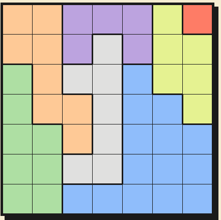 Queens puzzle demonstrating placing queens in the smallest colored regions first with elimination markers