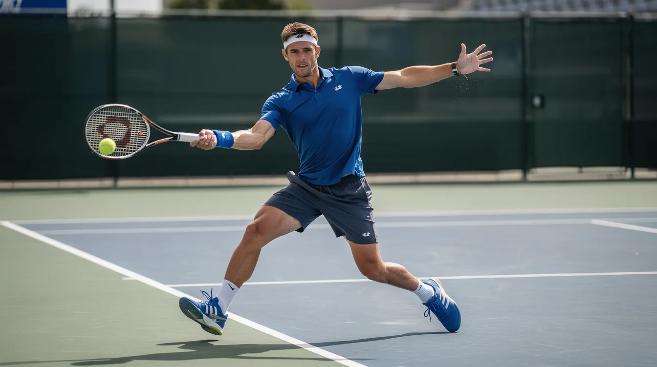 A tennis player is captured in mid-forehand on an outdoor hard court, showcasing full hip and torso rotation. The athlete demonstrates a powerful forward swing with a focus on clean contact at the optimal contact point, emphasizing the importance of body weight and balance in generating more power and spin in their shot.