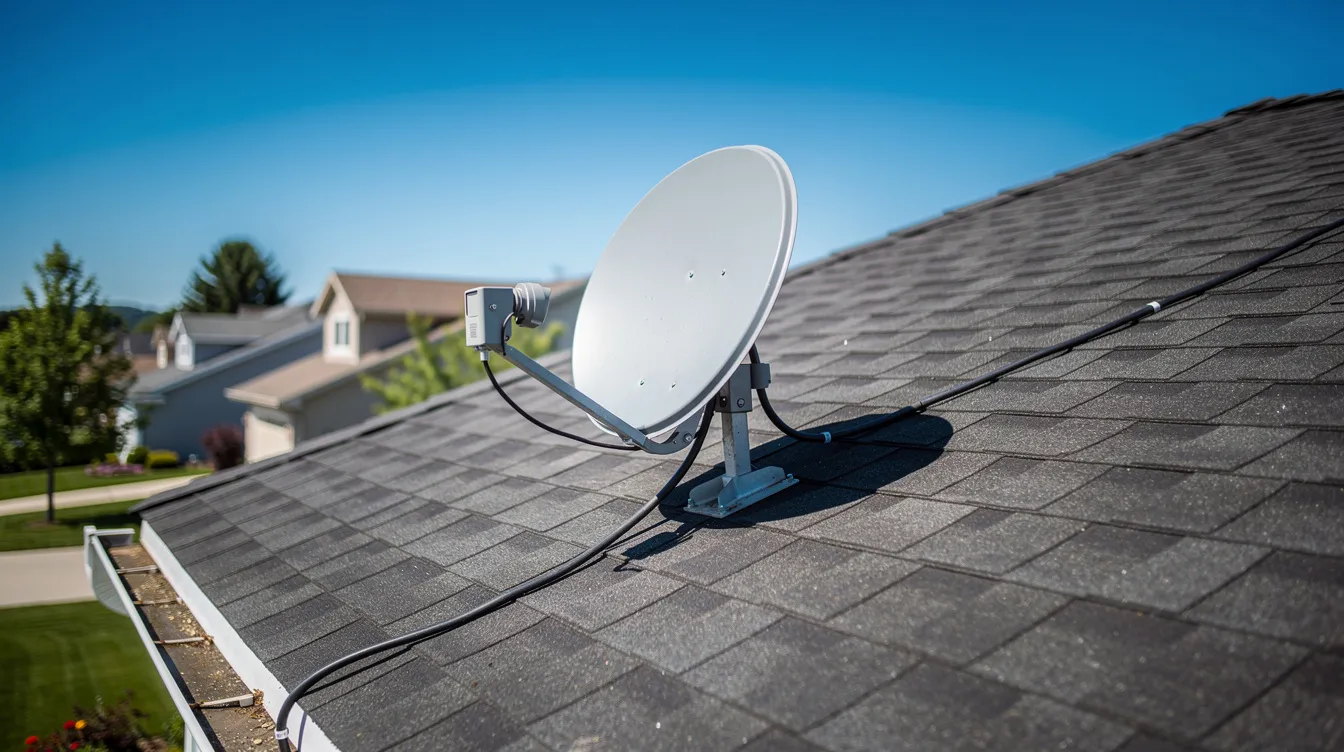 A satellite dish is prominently mounted on the rooftop of a suburban home under a clear blue sky, indicating a professional DSTV installation. This setup ensures optimal signal reception for uninterrupted entertainment in the Athlone area.