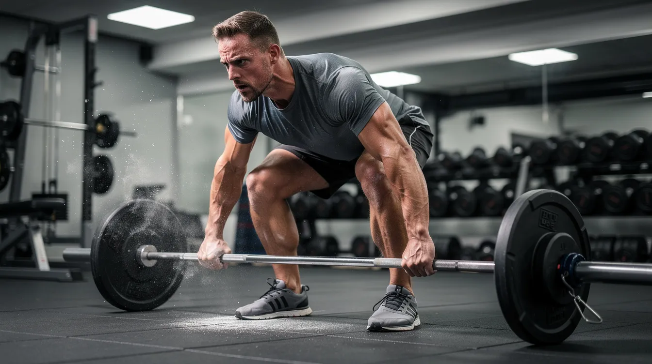 A person is performing deadlifts in a well-lit gym, with chalk visibly applied to their hands to enhance grip. This scene captures the dedication to building lean muscle mass and burning fat, essential components of a successful weight loss journey.