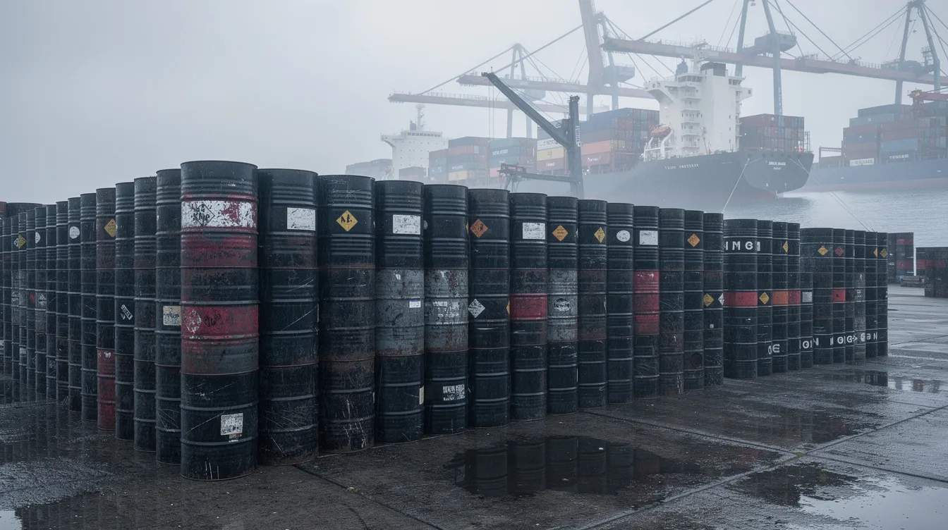 The image depicts stacked oil barrel drums at an industrial port, with cargo ships in the background, highlighting the significance of oil trade in the region, particularly in the context of tensions between the United States and Iran. The scene captures the essence of maritime commerce that plays a crucial role in the ongoing geopolitical landscape.
