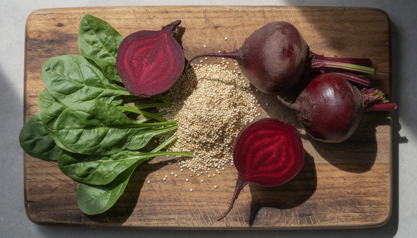 The image features a vibrant arrangement of fresh beets, leafy spinach, and quinoa grains on a rustic wooden cutting board, showcasing a colorful selection of ingredients that support cellular health and energy production. This nutritious combination is ideal for promoting healthy aging and enhancing overall wellness.