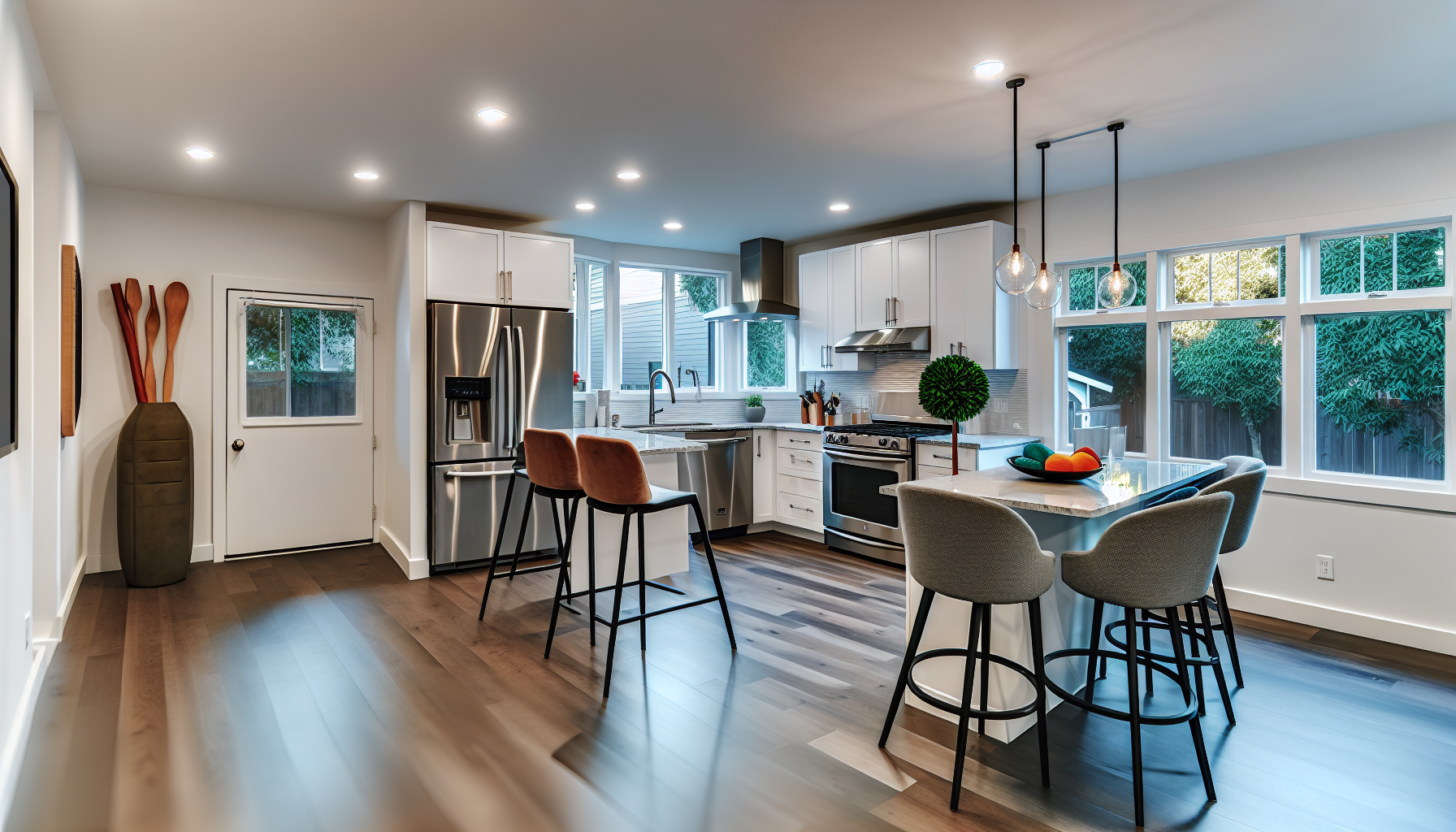 A modern kitchen with upgraded appliances and ample living space