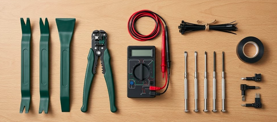 Tools needed for GPS tracker installation including wire strippers, multimeter, trim tools and zip ties