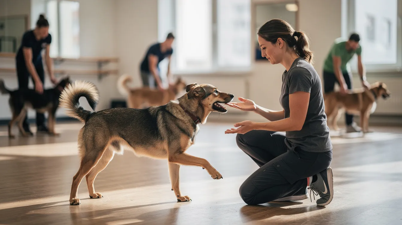 The image depicts a relaxed and happy dog with a wagging tail, floppy ears, and soft eyes, showcasing positive canine body language. Its body posture is open and inviting, illustrating how dogs communicate their emotional state and intentions through subtle signs and facial expressions.