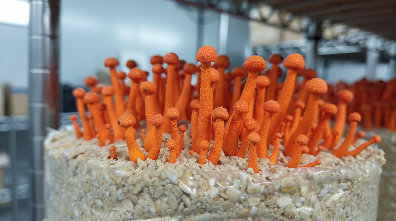 The image showcases a close-up view of vibrant orange cordyceps militaris fruiting bodies emerging from a substrate in a cultivation facility, highlighting their unique appearance as a popular source of mushroom supplements known for their potential benefits in boosting energy and supporting immune function.