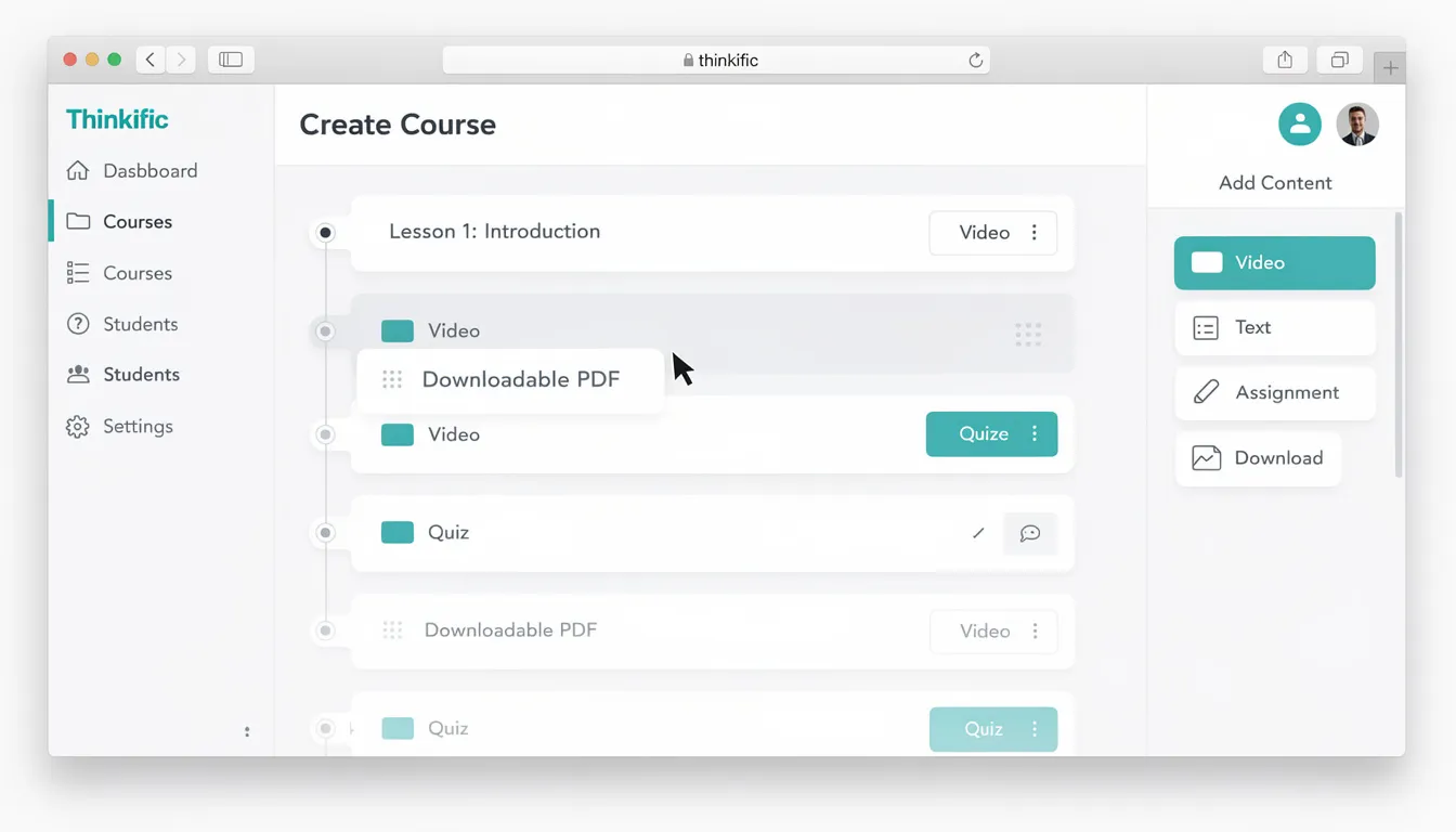 The image depicts the Thinkific dashboard showcasing an intuitive course creation interface, featuring a drag-and-drop builder that allows users to easily design engaging online courses. This user-friendly platform is ideal for educational institutions and corporate training, facilitating the development of interactive content and monitoring learner progress effectively.