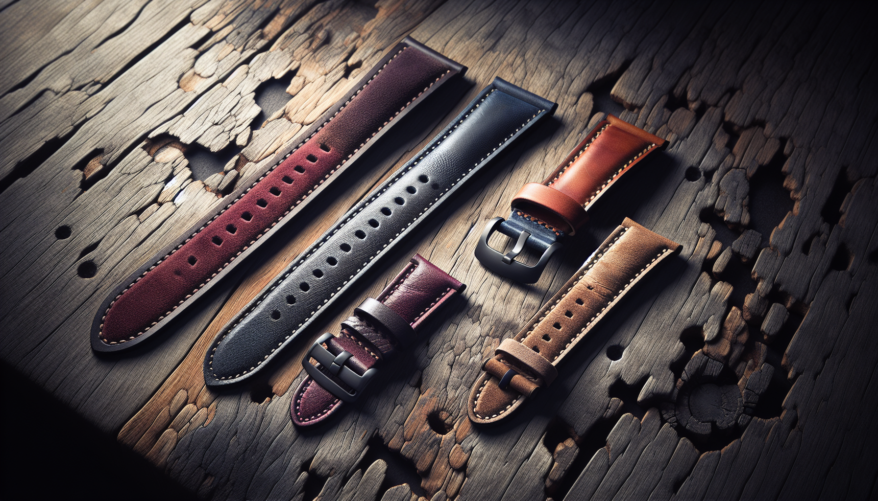 A stylish illustration of high-quality suede watch straps displayed on a wooden surface.