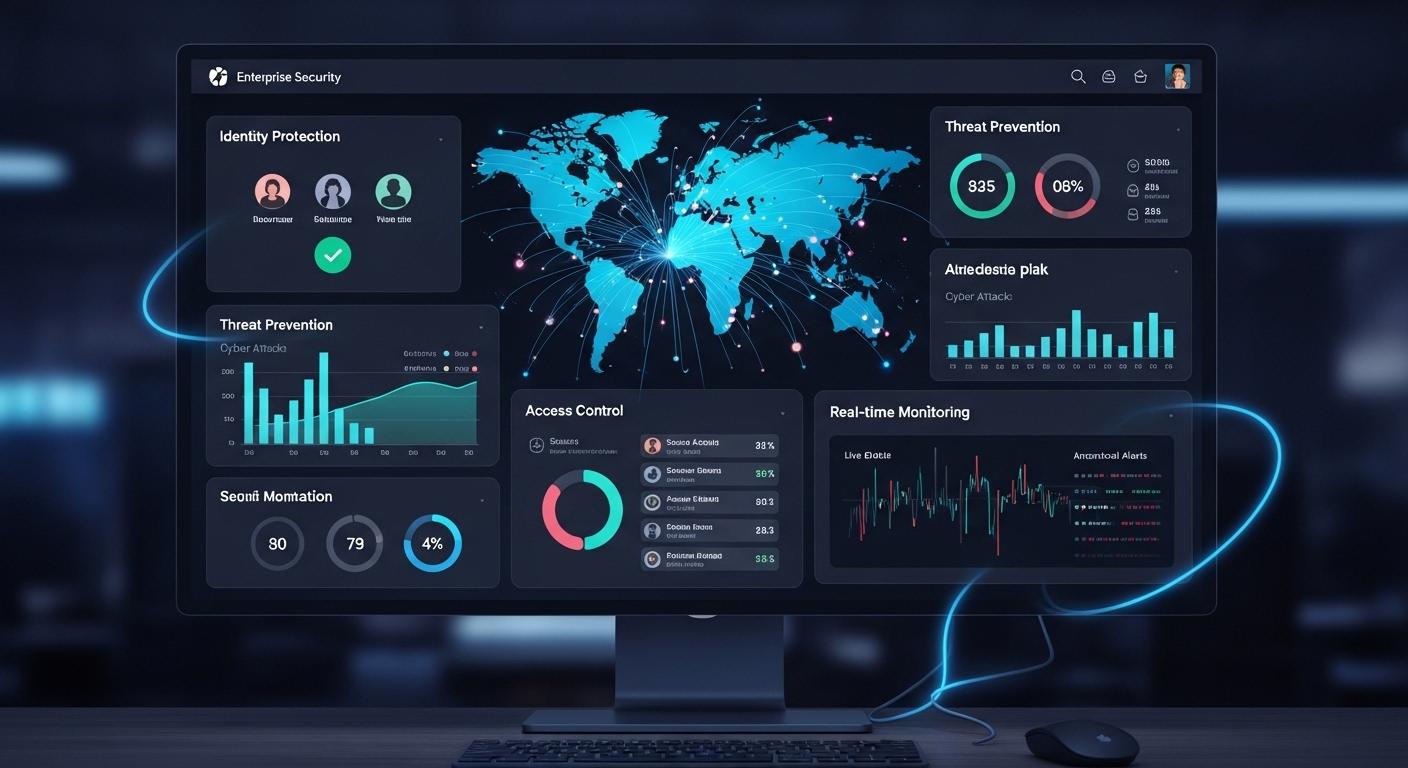 "Modern enterprise security dashboard displaying Zero Trust advantages such as identity protection, threat prevention, access control, and real-time monitoring.