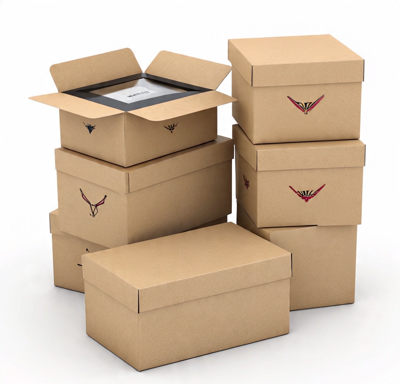 An image of showing stack of brown kraft cardboard boxes in different sizes, some with lids closed and one open, featuring minimal bird-style logos.
