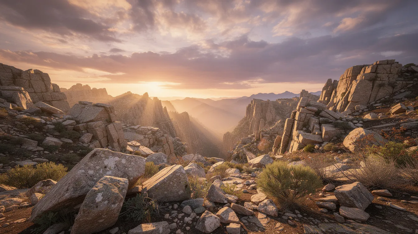 A breathtaking rocky wilderness landscape in South America is illuminated by the warm hues of a dramatic sunrise, with towering clouds adding to the sense of adventure and exploration. This scene invites fellow travelers to imagine their perfect journey through the beauty and history of the land.