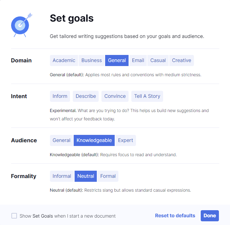 setting goals using grammarly premium