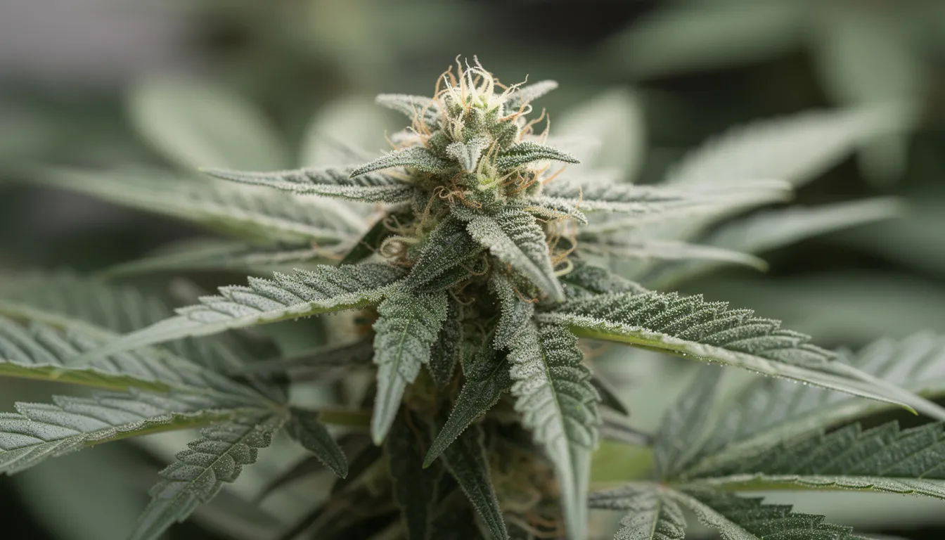 Die Nahaufnahme zeigt eine Cannabispflanze mit deutlichen Trichomen und grünen Blättern, die die Eigenschaften und das Potenzial der enthaltenen Cannabinoide, wie THC und CBD, verdeutlicht. Diese Details sind entscheidend für das Verständnis der Wirkungen auf das endocannabinoide System und die möglichen Effekte auf Körper und Geist.