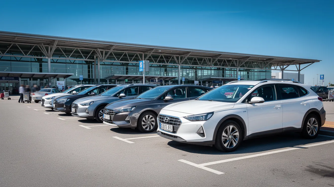 A lineup of rental cars is parked in front of a modern airport terminal, set against a backdrop of clear blue skies. This convenient location offers easy access for travelers looking to rent a vehicle for their road trip or vacation rental needs.