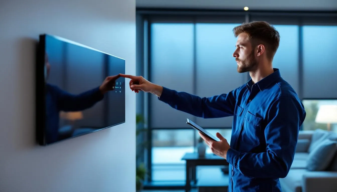 A professional installer is setting up an Alpha Motors smart blind system, featuring sleek electric roller blinds that can be controlled via smartphone or remote control. The installation ensures reliable home automation, providing daytime privacy and light filtering for a comfortable living space.