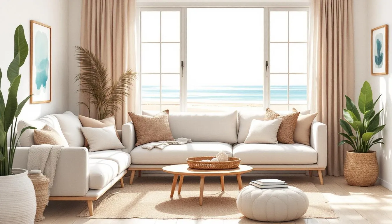 A relaxed coastal living room featuring light wood tones and cozy touches.