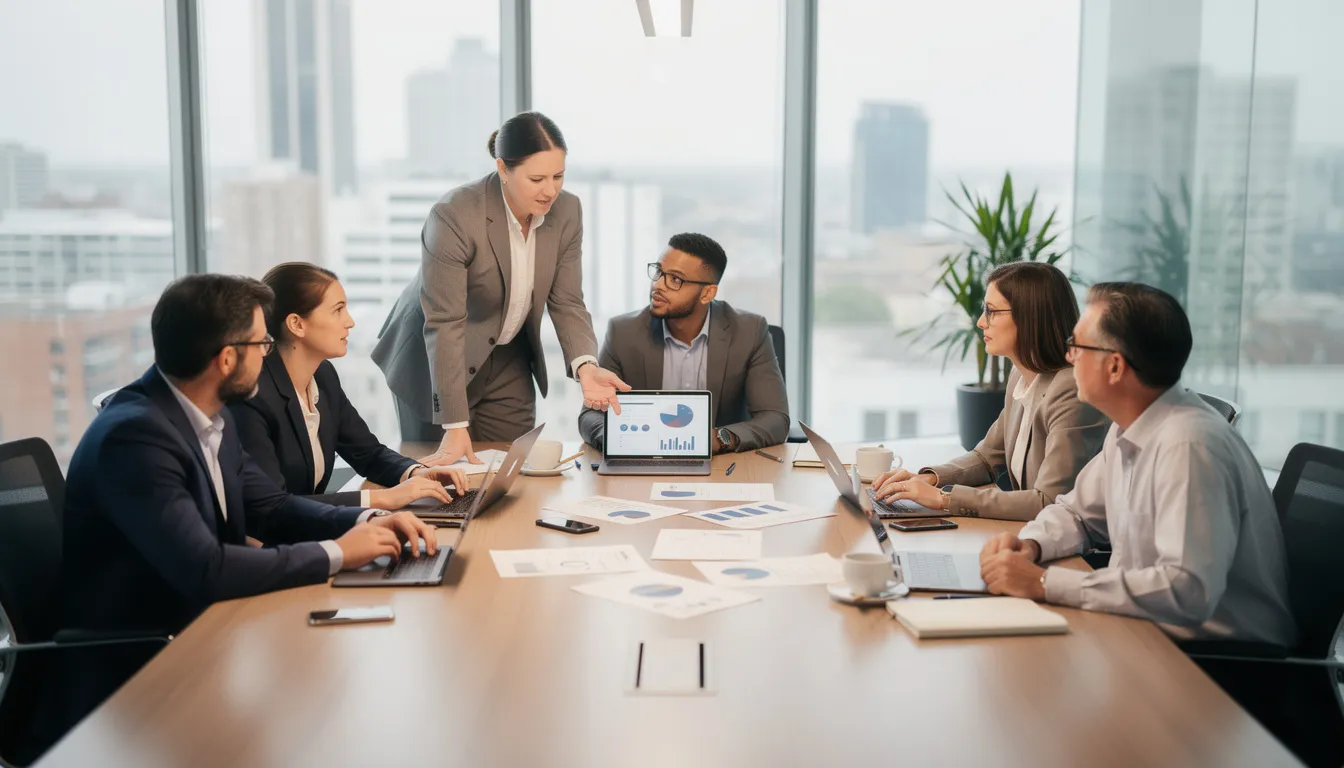A diverse team of professionals collaborates around a conference table filled with laptops and documents, discussing strategies for digital marketing services and performance marketing. The atmosphere is focused and dynamic, highlighting the importance of teamwork in achieving measurable growth for their clients.