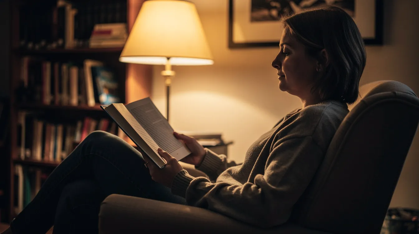A person is sitting comfortably in a cozy chair, reading a book under the soft, warm light of a lamp, creating a peaceful sleep environment that promotes relaxation. This serene scene is ideal for winding down and establishing a bedtime routine to improve sleep quality.
