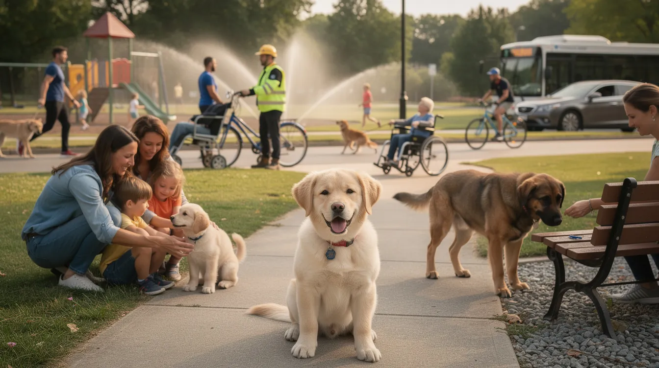 The image depicts a young puppy engaging in socialization activities, surrounded by various unfamiliar dogs and people, showcasing relaxed body language while receiving high-value treats. This scene emphasizes the importance of positive experiences and interactions in a puppy's life, contributing to effective puppy socialization.