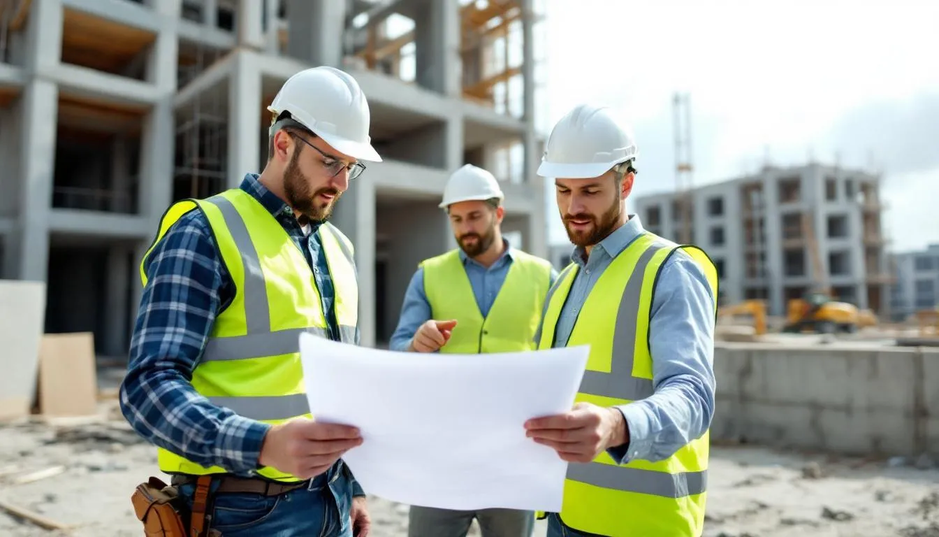 Dans cette image, deux professionnels examinent attentivement un plan sur un chantier de construction, entourés de matériaux comme du béton, tandis qu'ils discutent des travaux liés aux fondations et à la réparation de fissures. Leur expertise est essentielle pour assurer la sécurité et la qualité des projets de construction au Québec.