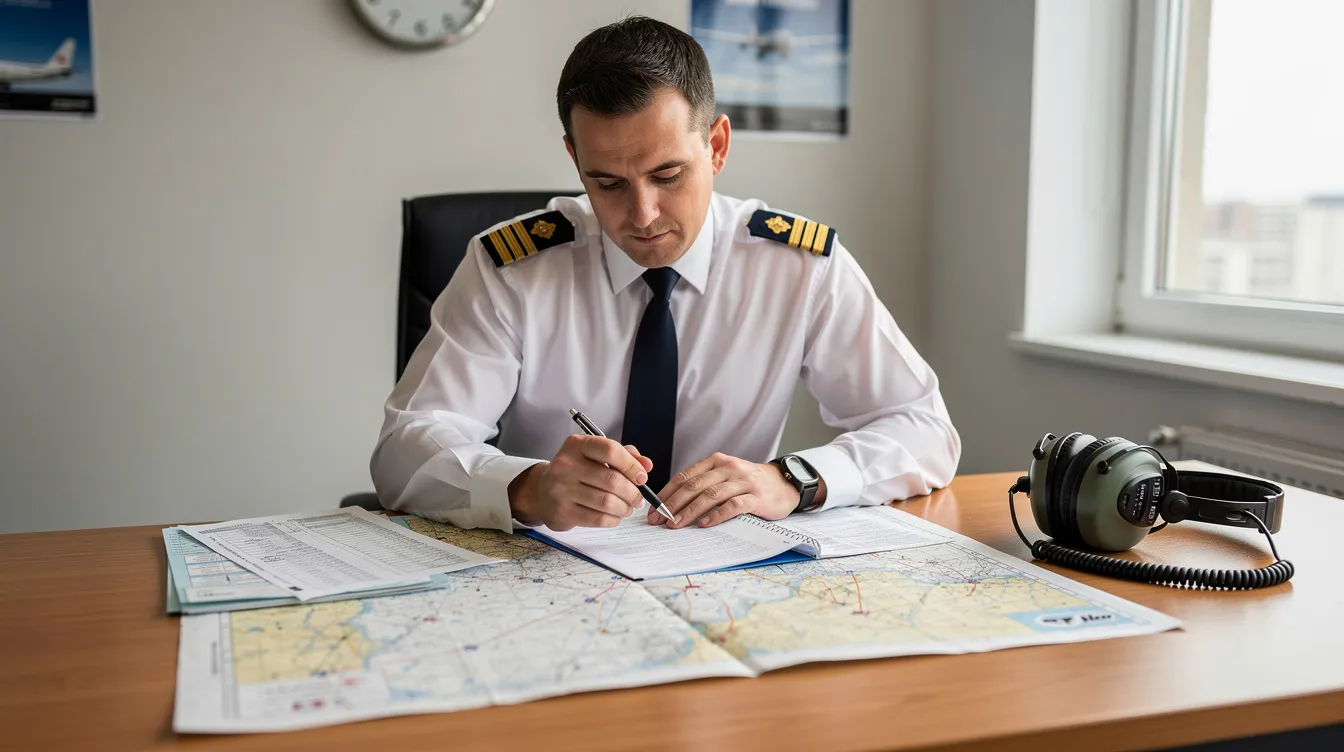 A pilot is seated at a desk, intently reviewing aviation charts and documents essential for IFR flight, with a headset positioned nearby. The scene emphasizes critical IFR knowledge and the preparation needed for check rides, showcasing the importance of studying procedures and mandatory reports for pilots.