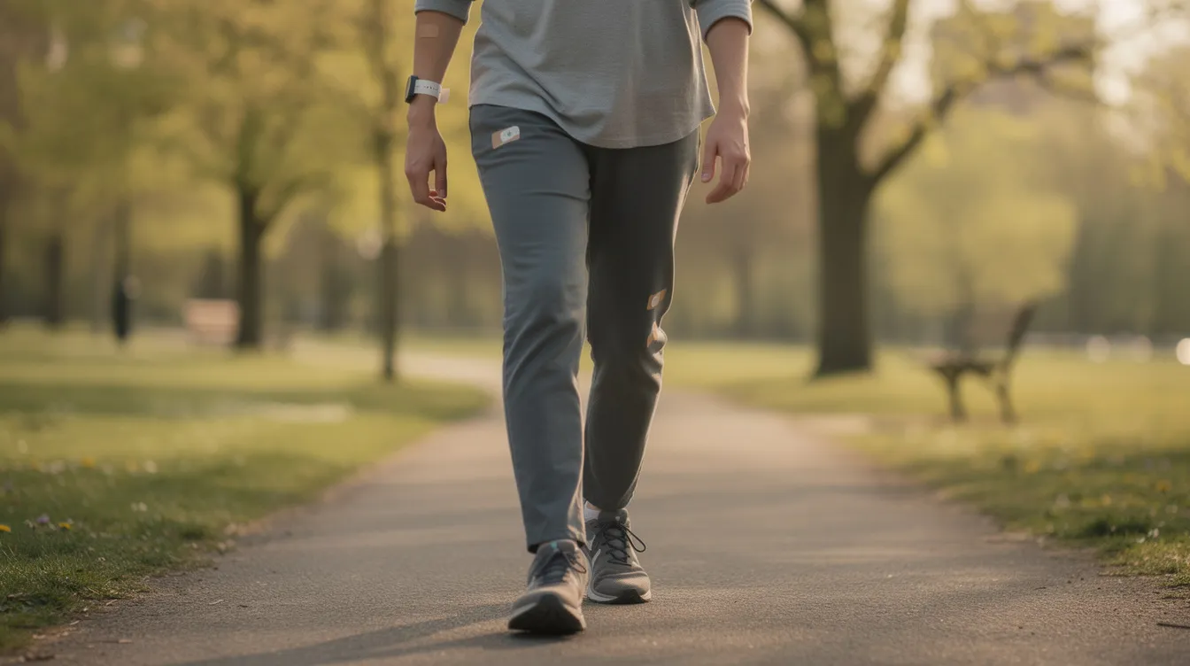 A person is walking outdoors, appearing relaxed and content after a short recovery period from a cosmetic procedure. This scene suggests a focus on body shape and recovery, possibly following a non-surgical butt lift or a liquid BBL treatment, highlighting the minimal downtime associated with such aesthetic treatments.