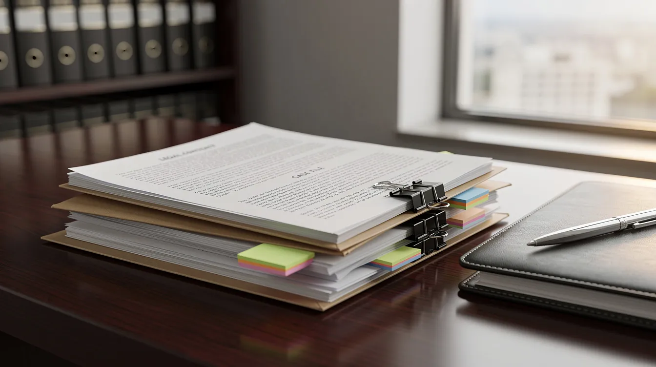 The image depicts a stack of legal documents and folders neatly arranged on a professional desk, symbolizing the trust administration process and the legal obligations involved in estate administration. This setting reflects the importance of legal guidance from a trust administration attorney in Carlsbad, CA, for managing complex assets and ensuring compliance with California law.