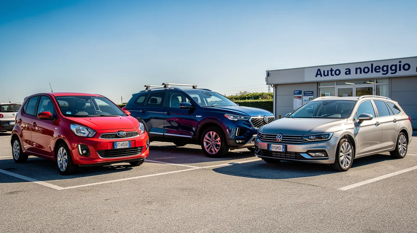 Immagine di diverse auto a noleggio parcheggiate in fila in un parcheggio soleggiato, con una city car compatta, un SUV e una berlina familiare. Questa scena rappresenta le opzioni di noleggio auto ad Agadir, perfette per esplorare il Marocco durante le vacanze.