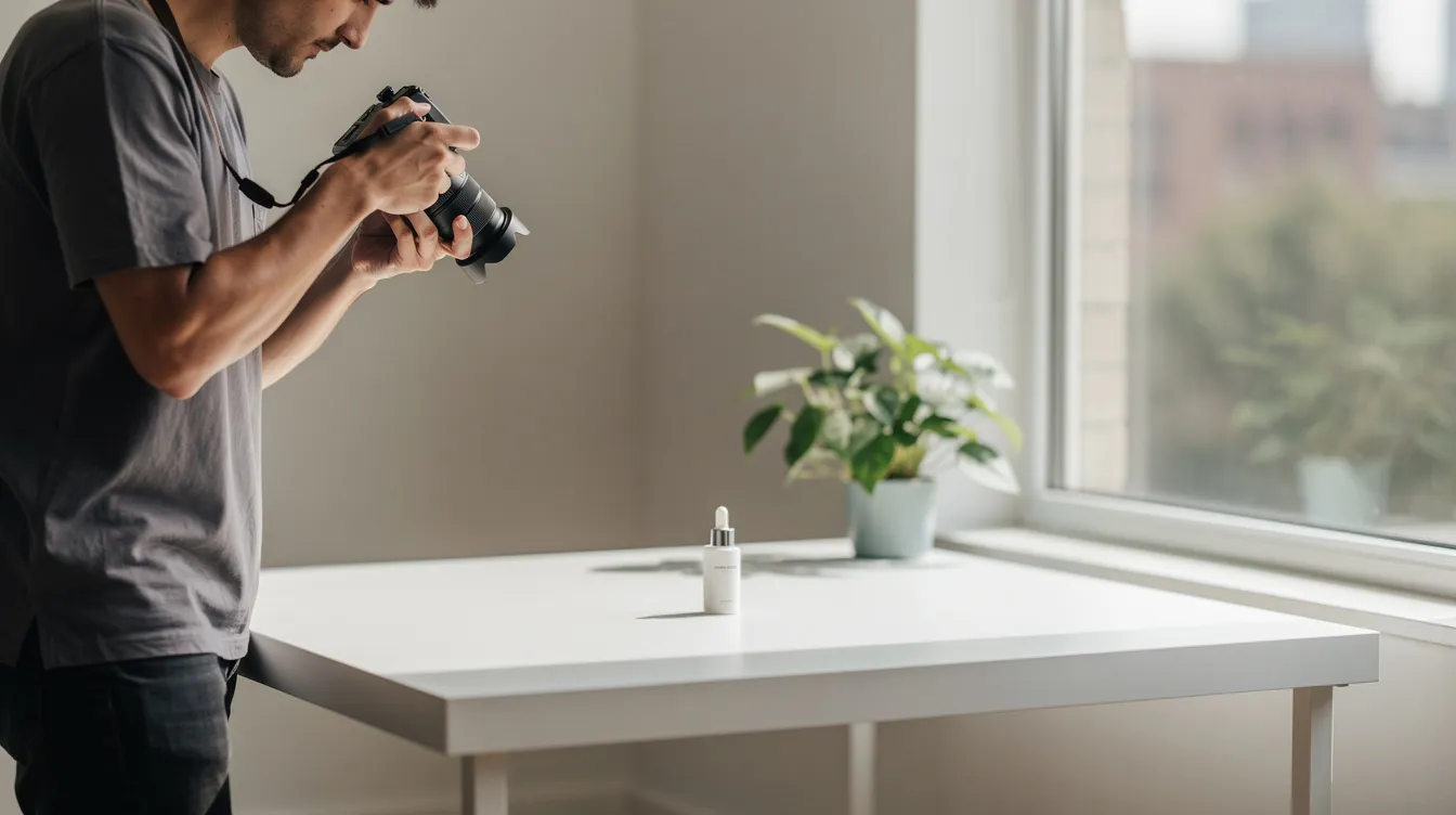 A person is photographing a product on a clean table near a window, ensuring good lighting for the shot. This setup is ideal for creating compelling eBay listings, as good photos can attract potential buyers and improve search results.