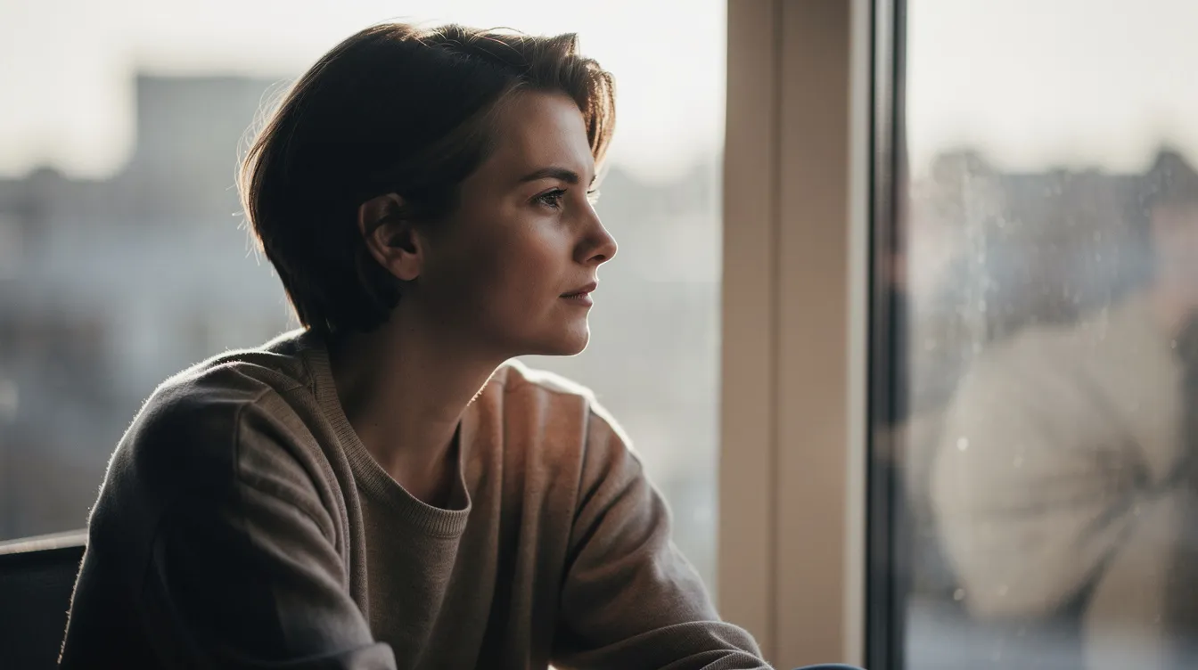 A contemplative person sits by a window, bathed in soft natural light, reflecting on past relationships and the emotions that come with them. Their expression suggests a mix of nostalgia and hope as they navigate their present life and consider moving forward from previous partners.